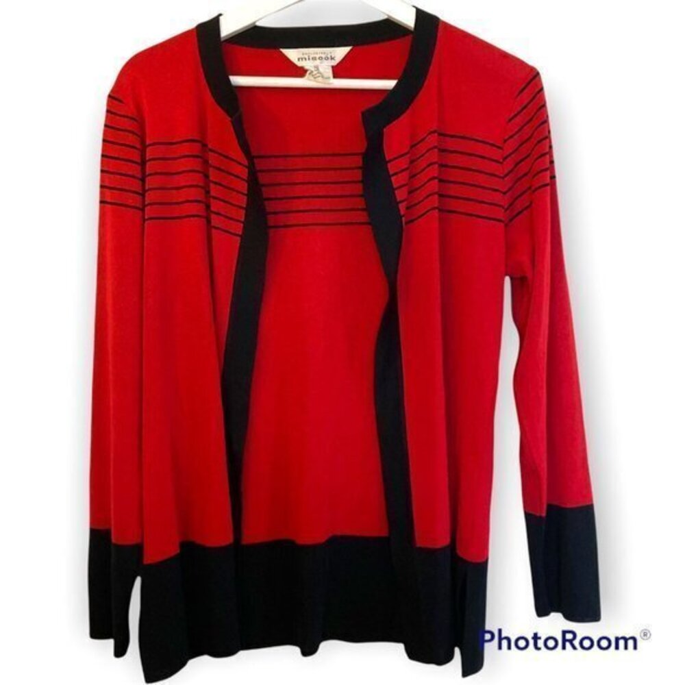 Exclusively Misook open‎ cardigan red black striped XS